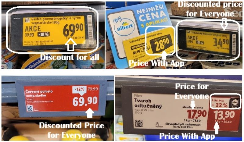 Examples of Czech supermarket labels showing discounts for everyone and special prices available only with a store app.