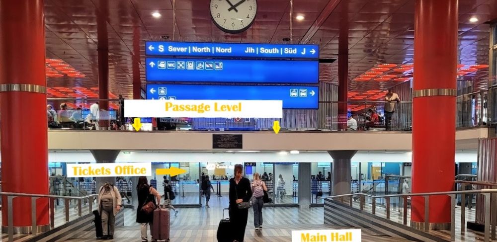 Main Hall of the Central Railway Station with marked passages level and board showing direction to the South and North passages