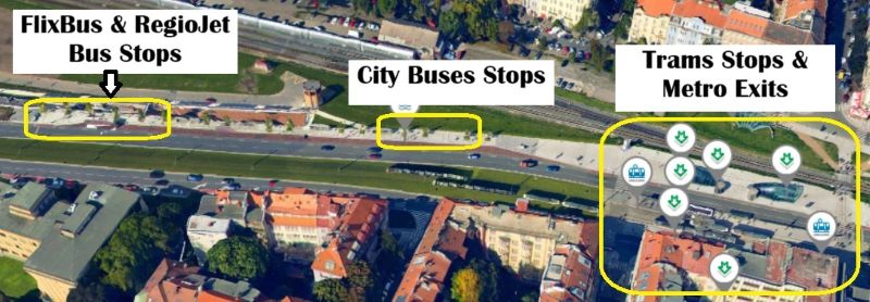 Hradčanska Stop with marked areas of public transport stops and FlixBus & RegioJet Buses stops