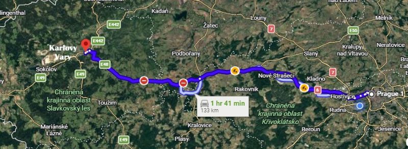 Way from Prague 1 to Karlovy Vary and time driving
