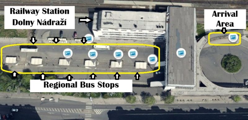 Aerial map of Karlovy Vary Terminál showing the bus arrival area, regional bus stops and Dolní nádraží train station.