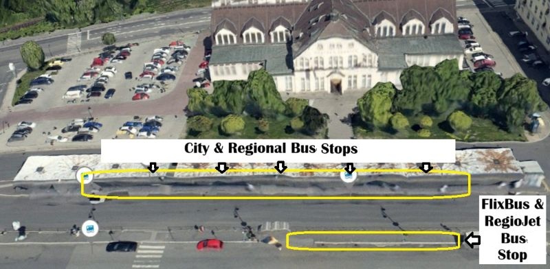 Aerial map of Tržnice bus stops in Karlovy Vary, showing the FlixBus and RegioJet stop opposite the city and regional bus stops.