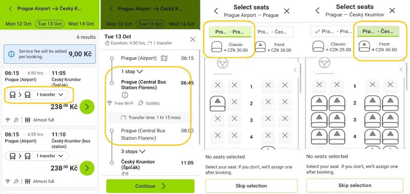 FlixBus booking screenshots showing a Prague Airport–Český Krumlov journey with a transfer at Florenc and separate seat selection for each bus.