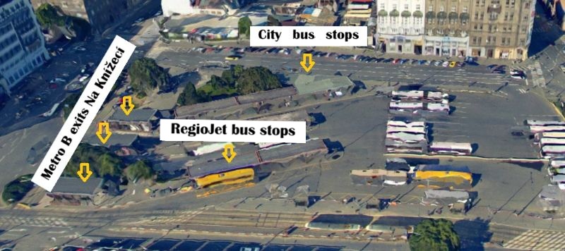 Aerial view of Na Knížecí showing the RegioJet bus stops, city bus stops, and exits from Metro B.