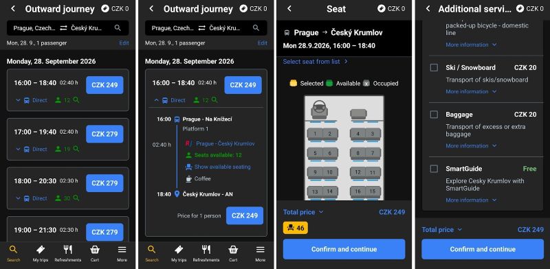 RegioJet booking screenshots showing direct buses from Prague to Český Krumlov, departure details at Na Knížecí, seat selection, and optional extras.