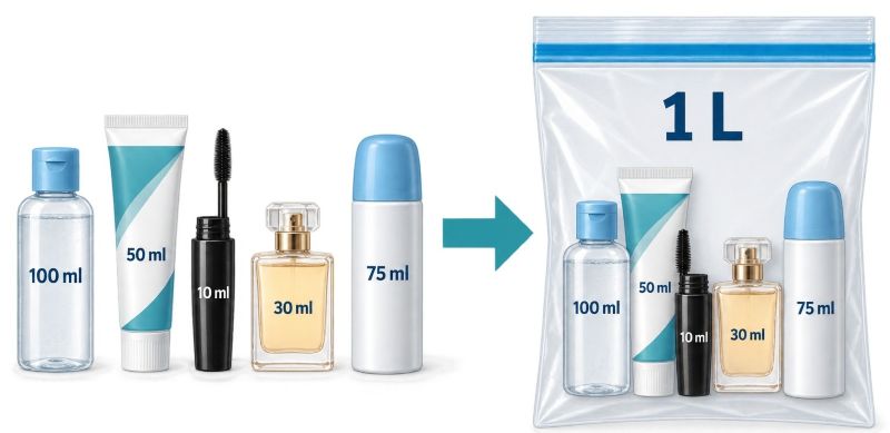 Five travel-size liquid containers, all 100 ml or smaller, shown fitting inside one transparent 1-liter bag.