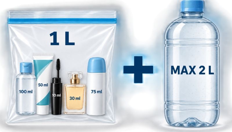 A transparent 1-liter bag filled with small liquid containers plus one separate bottle marked “MAX 2 L.”