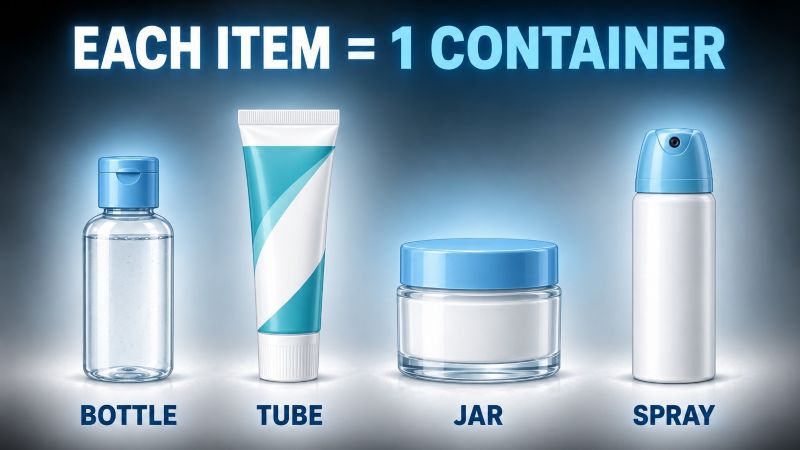 A bottle, tube, jar and spray can shown as four different types of liquid containers.
