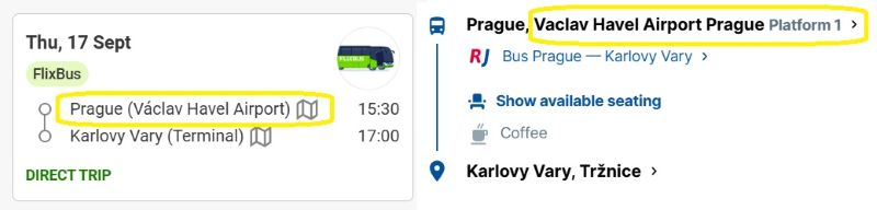 FlixBus and RegioJet booking results showing Prague Airport as the departure point for direct buses to Karlovy Vary.