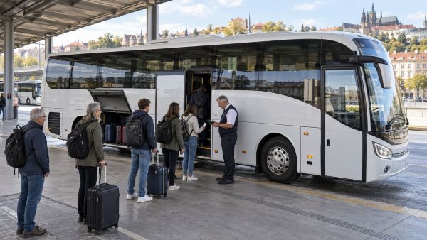 Passengers boarding a Czech intercity bus through the middle door while the driver scans a mobile ticket.