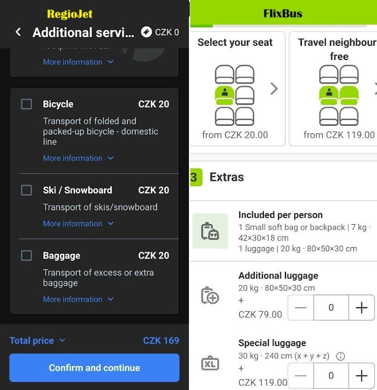 RegioJet and FlixBus booking screens showing standard, additional and special luggage options for intercity buses.