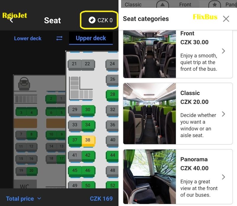 RegioJet normally includes seat selection in the ticket price. FlixBus charges for choosing a particular seat, with the fee depending on the seat category and journey distance.