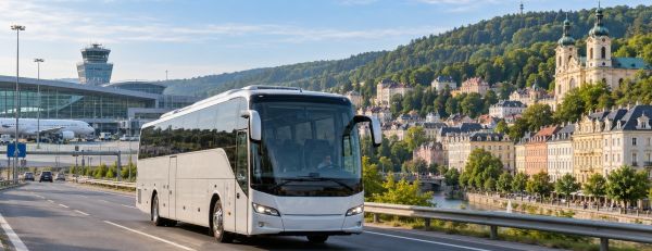 Intercity bus traveling from Prague Airport to Karlovy Vary, with the airport and spa city shown in the background.