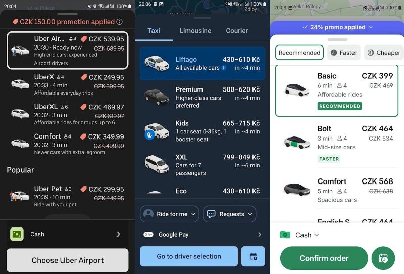 Example fares, estimated pickup times, and vehicle options for a journey from Prague Airport Terminal 1 to Prague Marriott Hotel in central Prague. Screenshots taken within a few minutes of each other on October 19, 2026. Uber and Bolt fares include promotions; prices and availability vary.